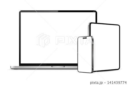 Modern laptop front view, tablet pc and mobile phone isolated on white background 141439774