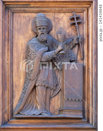 Saint, detail of  te door of Church Santa Maria Maggiore in Florence, Tuscany, Italy 141439848