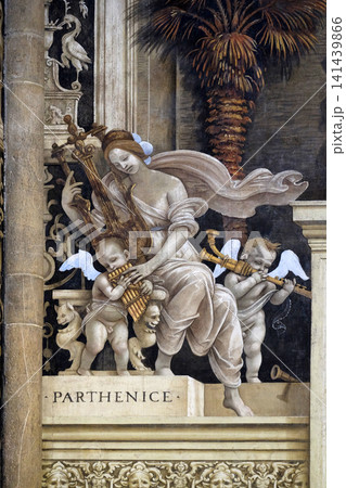 Parthenice (pagan muse), detail of Filippino Lippi's frescoes in the Strozzi Chapel of the Santa Maria Novella Principal Dominican church in Florence, Italy Parthenice (pagan muse), detail of Filippino Lippi's frescoes in the Strozzi Chapel of the Santa Maria Novella Principal Dominican church in Florence, Italy 141439866