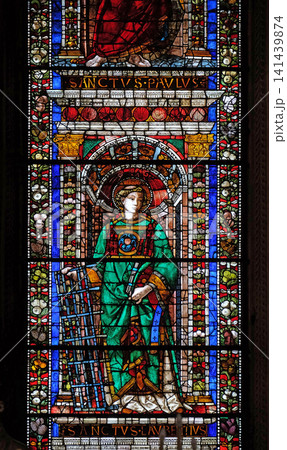 Saint Lawrence of Rome, stained glass window in Santa Maria Novella Principal Dominican church in Florence, Italy Saint Lawrence of Rome, stained glass window in Santa Maria Novella Principal Dominican church in Florence, Italy 141439874