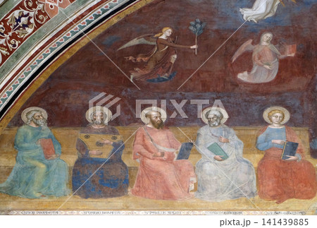 Job, David, St. Paul, St. Mark and St. John Evangelist, detail of the Triumph of St. Thomas Aquinas, fresco by Andrea di Buonaiuto, Spanish Chapel in Santa Maria Novella Principal Dominican church in Job, David, St. Paul, St. Mark and St. John Evangelist, detail of the Triumph of St. Thomas Aquinas, fresco by Andrea di Buonaiuto, Spanish Chapel in Santa Maria Novella Principal Dominican church in 141439885