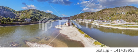 Aerial Panorama of Pfalzgrafenstein Castle on the Rhine River Germany Aerial Panorama of Pfalzgrafenstein Castle on the Rhine River Germany 141439953