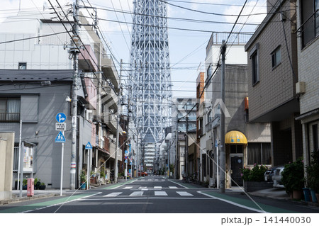 下町の住宅街のストリートから望む東京スカイツリーの景観 下町の住宅街のストリートから望む東京スカイツリーの景観 141440030
