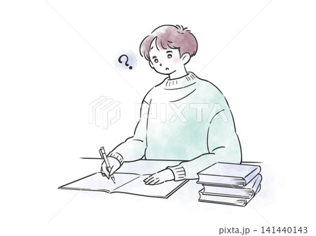 勉強がわからないノートを広げた男の子の水彩風イラスト 141440143