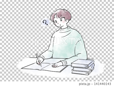 勉強がわからないノートを広げた男の子の水彩風イラスト 141440143