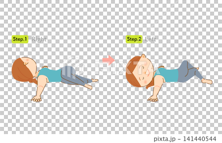仰向けで左右に膝を倒すストレッチをする女性 仰向けで左右に膝を倒すストレッチをする女性 141440544