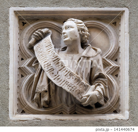 Biblical story, tile relief, external wall of Orsanmichele Church in Florence, Tuscany, Italy 141440674