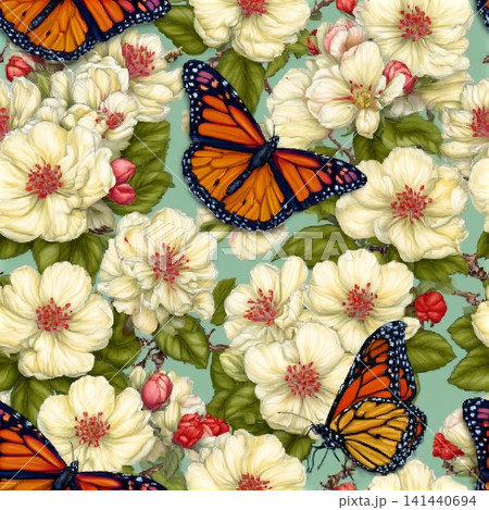 Bright butterflies on white flowers.Vector seamless pattern with white flowers and beautiful butterflies on a colored background. 141440694
