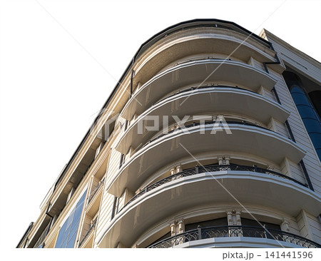 Bottom view of multi-storey building with round corner, panoramic balconies with 270-degree view on transparent background with clipped path. Architectural elements in modern urban planning, building 141441596