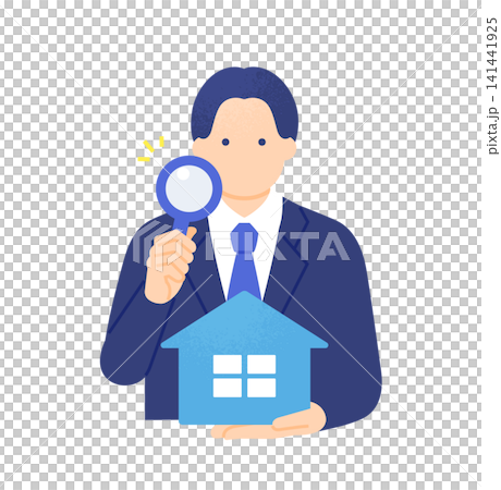 A male real estate agent inspecting a house model with a magnifying glass; upper body vector illustration. A male real estate agent inspecting a house model with a magnifying glass; upper body vector illustration. 141441925