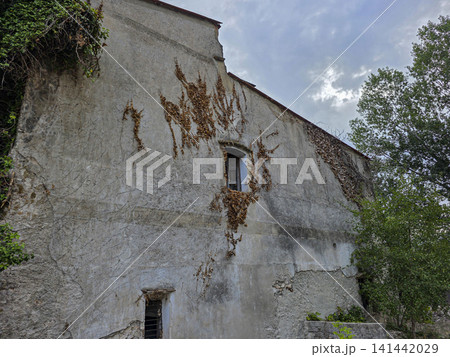 A wide view of a large stone wall belonging to an abandoned manor house in Spain. The wall is weathered and covered with vines. Dark clouds fill the sky. 141442029