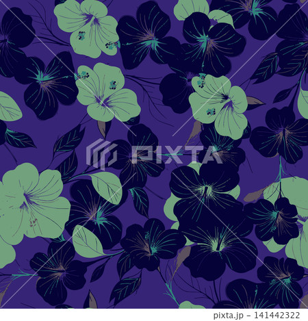 Elegant seamless floral pattern featuring green tropical hibiscus flowers and dark botanical line art drawn on a deep violet blue background vector. Elegant seamless floral pattern featuring green tropical hibiscus flowers and dark botanical line art drawn on a deep violet blue background vector. 141442322