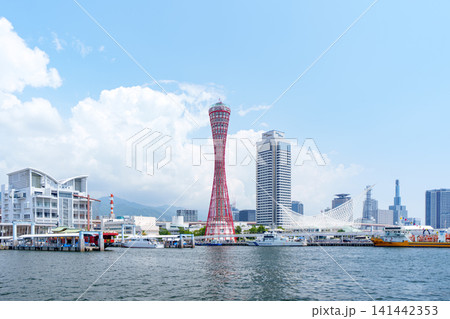 夏の青空と神戸港に停泊する大型クルーズ客船と神戸ポートタワー 141442353