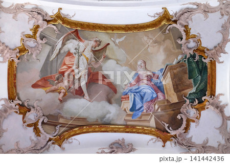 Annunciation of Mary, fresco by Matthaus Gunther in Benedictine monastery church in Amorbach, Germany Annunciation of Mary, fresco by Matthaus Gunther in Benedictine monastery church in Amorbach, Germany 141442436