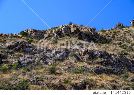 Sunny hill with rough rock formations and dry vegetation Sunny hill with rough rock formations and dry vegetation 141442519