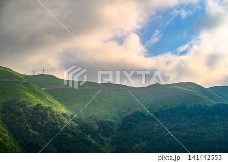 Lush green mountains with scattered trees under partly cloudy sky Lush green mountains with scattered trees under partly cloudy sky 141442553