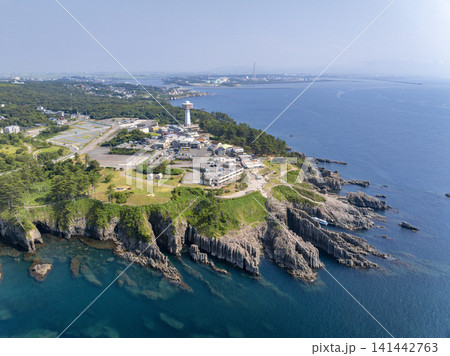 福井県・東尋坊を空撮した柱状節理の絶景と日本海 141442763