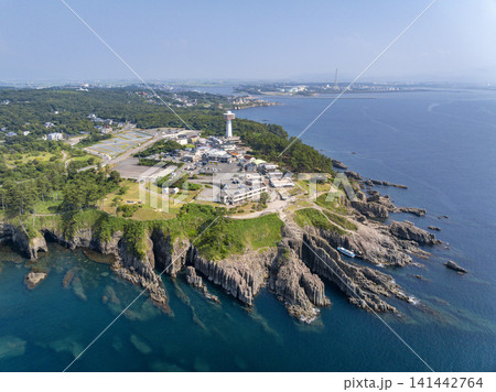 福井県・東尋坊を空撮した柱状節理の絶景と日本海 141442764
