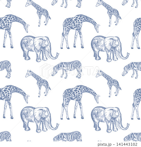 African animals seamless pattern. Giraffes, elephants, zebras. Hand drawn vector illustration in a vintage style with detailed hatching. Suitable for textiles, wallpaper and wrapping paper. African animals seamless pattern. Giraffes, elephants, zebras. Hand drawn vector illustration in a vintage style with detailed hatching. Suitable for textiles, wallpaper and wrapping paper. 141443102