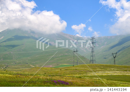 Scenic mountain valley with power lines crossing wildflower-covered hillsides 141443194