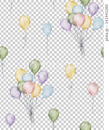 Vibrant watercolor seamless pattern of colorful ballons. Hand painted festive air balloons background for holiday greeting cards, birthday parties, children's clothing textiles 141443260