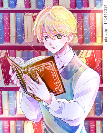 読書をする貴族風の少年　笑顔　金髪碧眼　逆光　本棚 141443314