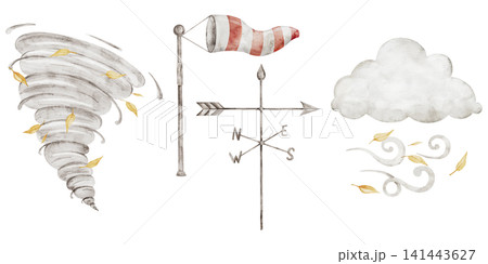 Watercolor wind, windsock on wooden pole with red and white stripes. Metal weather vane with arrow and compass rose wind indicator and spiral tornado. Set icon of meteorology for kids preschool 141443627