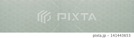 Panoramic view of light sage green ceramic hexagon tile wall with seamless honeycomb layout 141443653