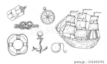 Vector wind sail boat. Hand painted linear fishing ship illustration. Graphic monochrome sketch isolated on background. For designers, prints, logo, icon, menu, postcards, holiday, cover 141443742