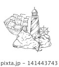 Vector vintage lighthouse on rock, wind sail boat, infinity knot rope, anchor, navigation marine compass. Hand painted linear Nautical symbol illustration set. Graphic monochrome sketch isolated on 141443743