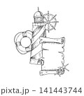 Vector composition with lighthouse, ship's wheel helme behind old scroll paper. Hand painted linear nautical, lifebuoy illustration. Graphic monochrome sketch isolated on background. For designers. 141443744