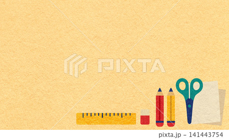 Back to school light yellow textured paper background with copy space and stationery for banner, presentation, template Back to school light yellow textured paper background with copy space and stationery for banner, presentation, template 141443754