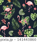 Pink flamingo bird, leaves of a palm tree, monstera and Strelitzia, protea, red anthurium flowers. Watercolor hand drawn isolated illustration on transparent background. Perfect for tropical design pr 141443860