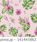 Tropical seamless pattern, Hummingbird, blooming frangipani, curcuma, flowers on on a branch. Watercolor hand drawn monstera leaf plumeria, Ginger plant. Isolated botanical illustration on transparent 141443862