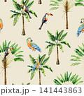 Seamless pattern with tropical palms, parrot macaw, toco toucan. Watercolor hand drawn Travelers tree, birds. Isolated banner, frame illustration on transparent background. Perfect for tropical design 141443863
