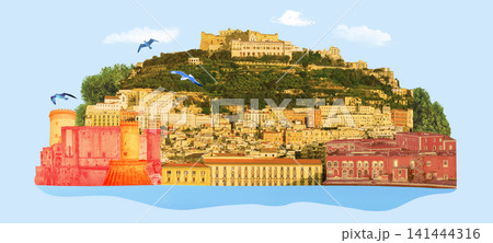 Aerial View of roof, street, building of Napoli at Italy - art collage design 141444316