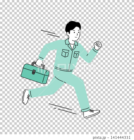 工具箱を持って修理・メンテナンスに駆けつける男性作業員のイラスト 工具箱を持って修理・メンテナンスに駆けつける男性作業員のイラスト 141444331