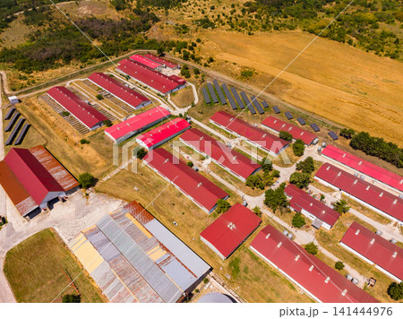 Farm buildings with red rooftops are arranged in rows with fields and trees in the background during daytime Farm buildings with red rooftops are arranged in rows with fields and trees in the background during daytime 141444976
