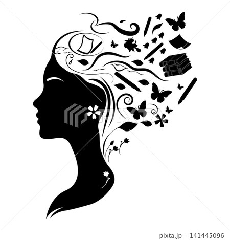 Educated woman silhouette with flying creative thoughts Educated woman silhouette with flying creative thoughts 141445096