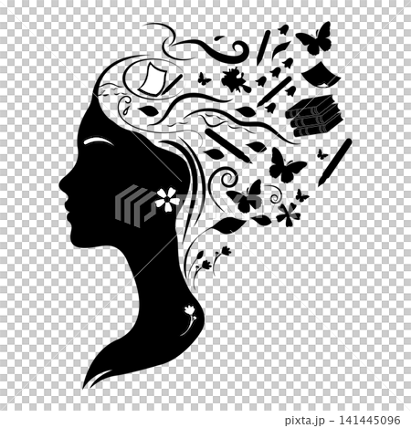 Educated woman silhouette with flying creative thoughts Educated woman silhouette with flying creative thoughts 141445096