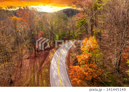 Golden autumn landscape in Appalachian mountains of North Carolina. Forest road winds through hills with vibrant fall foliage Golden autumn landscape in Appalachian mountains of North Carolina. Forest road winds through hills with vibrant fall foliage 141445149
