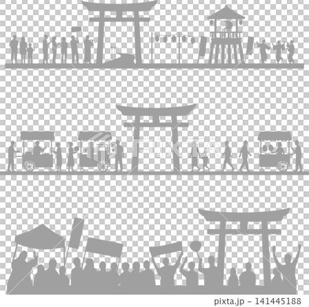 一組描繪神社夏季祭典的剪影插圖。 一組描繪神社夏季祭典的剪影插圖。 141445188