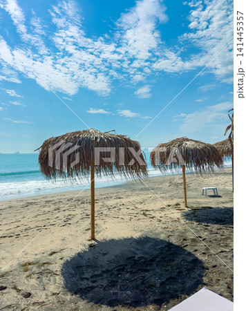 People relax under thatched umbrellas on a beach with clear blue skies and calm waves during a sunny day in a coastal area People relax under thatched umbrellas on a beach with clear blue skies and calm waves during a sunny day in a coastal area 141445357