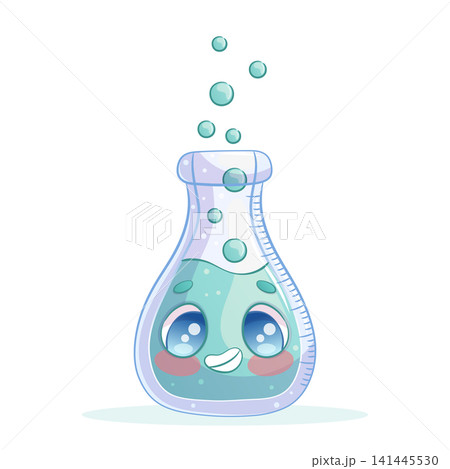 Hand-drawn cute cartoon characters. A glass laboratory flask for scientific research. Isolated on a white background. Cartoon children's vector illustration for poster design, printing, textiles Hand-drawn cute cartoon characters. A glass laboratory flask for scientific research. Isolated on a white background. Cartoon children's vector illustration for poster design, printing, textiles 141445530