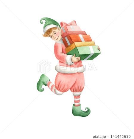 A New Year's illustration featuring a cute little elf. Delivering gifts on Christmas Eve on a snowy winter night.The fairytale scene is hand-drawn. Suitable for design, cards, greetings, and printing. 141445650