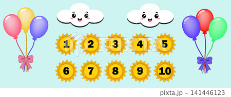 Back to school educational kids counting activity worksheet with sun numbers clouds and balloons 141446123