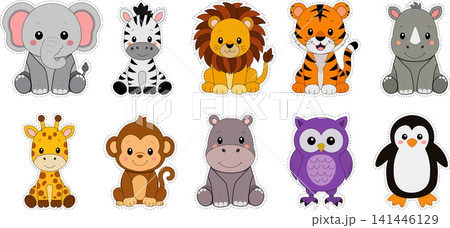 Cute wild animals stickers set including elephant lion tiger zebra giraffe owl and monkey 141446129