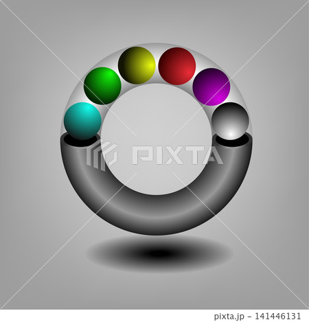 Abstract 3D circular ring frame design with colorful spheres on grey surface 141446131