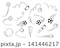 Bouncing ball icon with motion lines. Vector sketch showing soccer, tennis, basketball trajectories. Hand drawn sport illustrations set for dynamic game concepts. Ball in fire 141446217