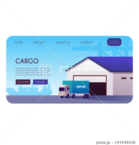 Cargo logistics landing page vector flat design, shipping truck with cargo container near the warehouse in trade port 141446416